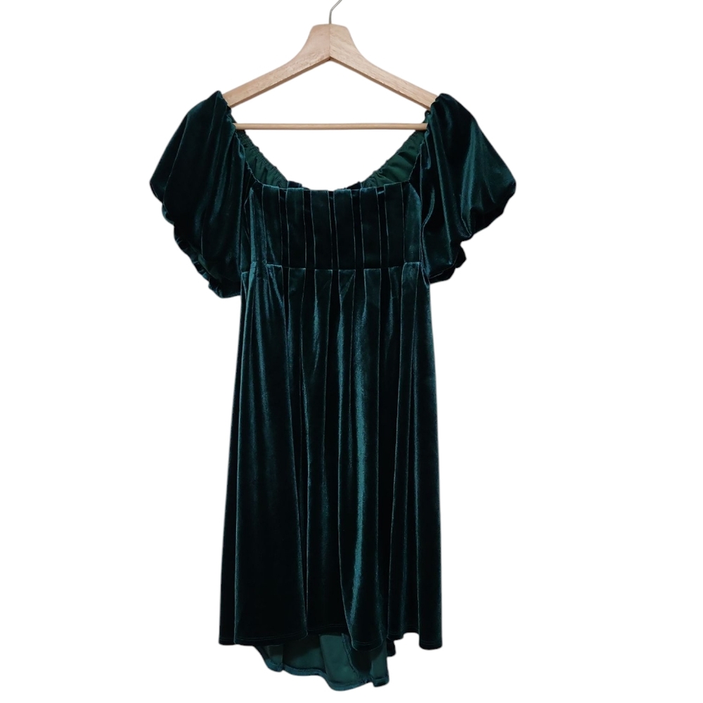 Bebop Velvet Mini Dress Large Emerald Green Puff Sleeve Square Neck NWT Boho